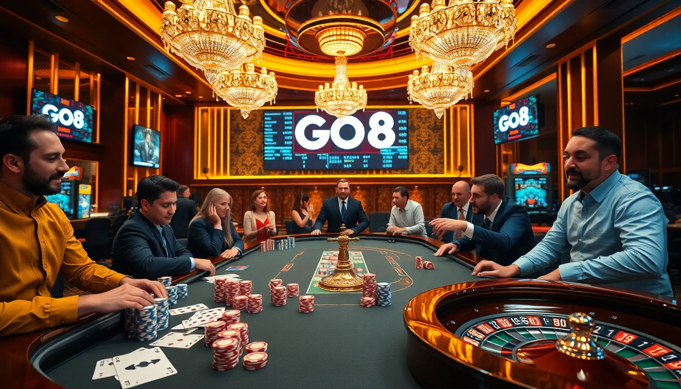 Engaging game at a luxurious poker table featuring the go8 brand, with colorful chips and strategic gameplay.