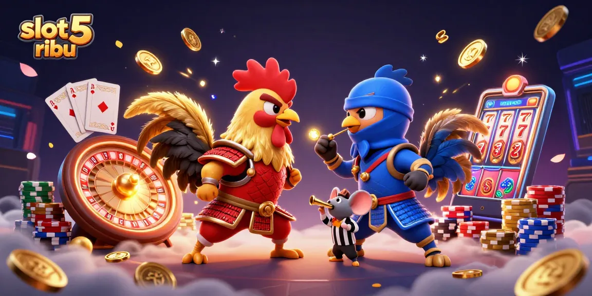 Engage with slot 5 ribu adventure as roosters clash amid golden coins and gems in an exciting casino scene.
