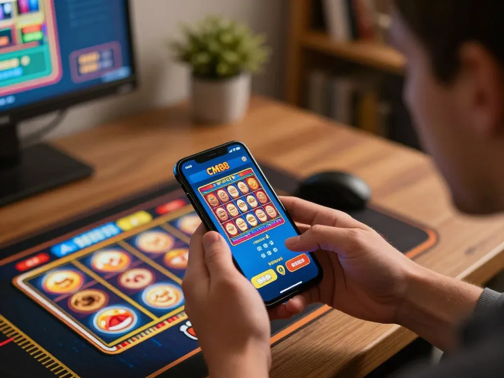 Engaging mobile gaming on CM88 app in a cozy home office setup, illustrating online gambling experience