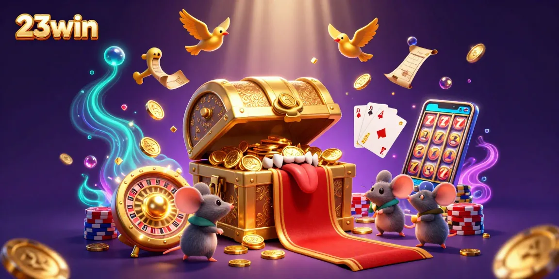 Experience excitement with 23win’s captivating treasure-themed digital casino adventure illustration.