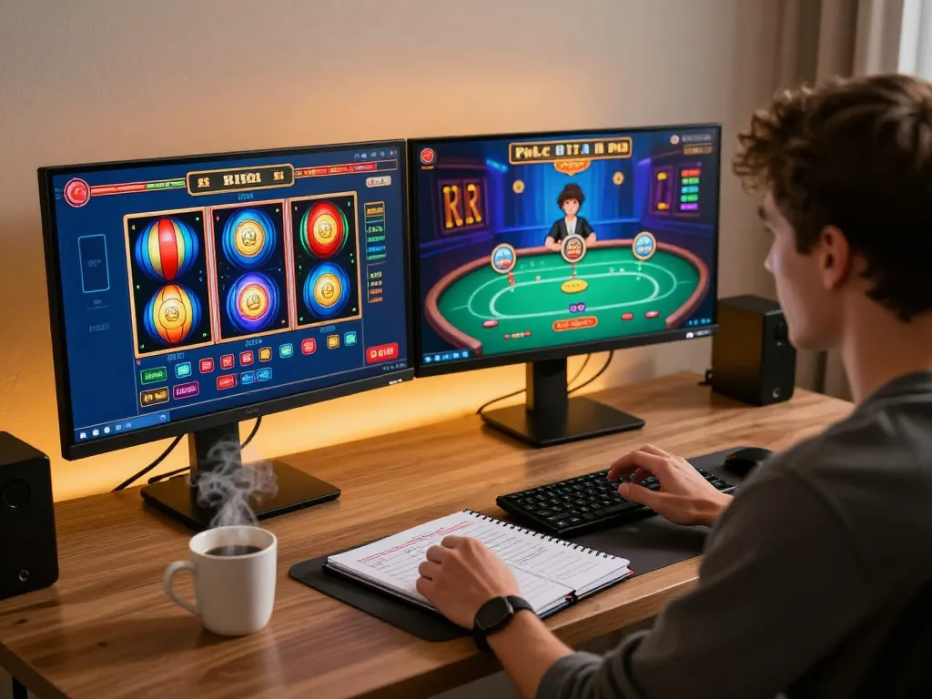 Engaging online gambling session with bem88 on dual screens, showcasing vibrant casino games.