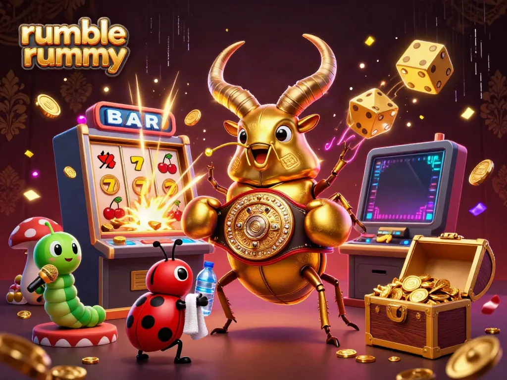 Experience the excitement of rumble rummy with a giant stag beetle champion in a vibrant casino scene.