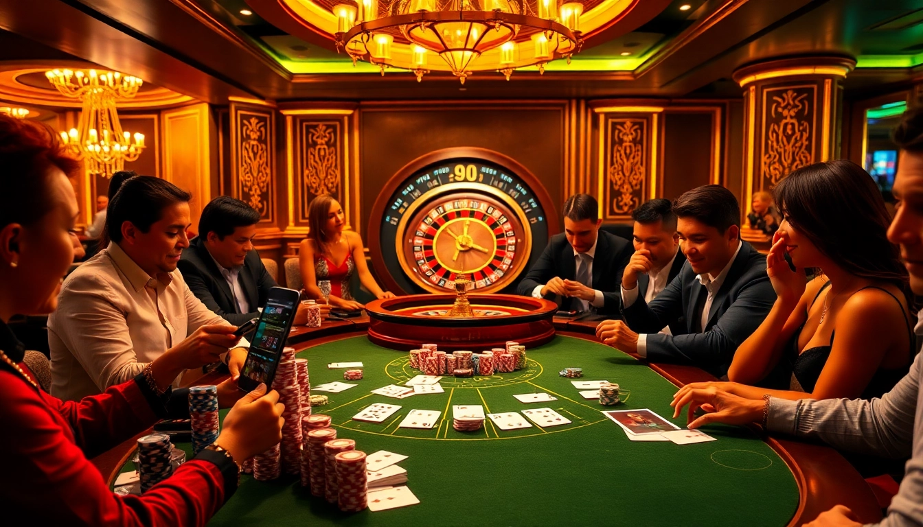 Engaged players at CEMEKU poker table express excitement and anticipation in a vibrant casino atmosphere.