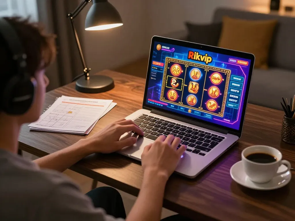 Engaging online gameplay on Rikvip with a player immersed in slot machine action in a cozy home setting