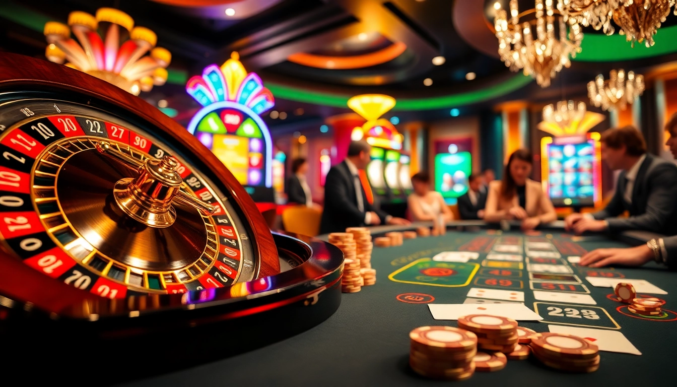 Players enjoying a thrilling game at the casino with https://pg88us.com/ roulette wheel and vibrant slot machines.