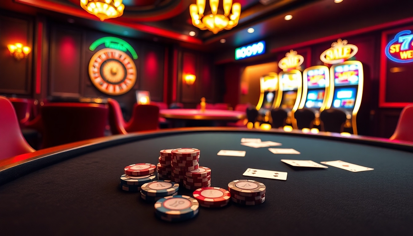 Experience the excitement of gambling at Roo99 with vibrant casino tables and spinning roulette wheels.