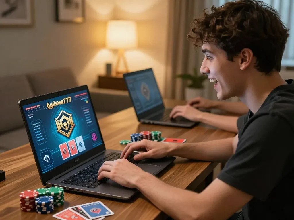 Pemain menikmati permainan kasino online ggdewa777 di rumah dengan elemen taruhan strategis yang terlihat.