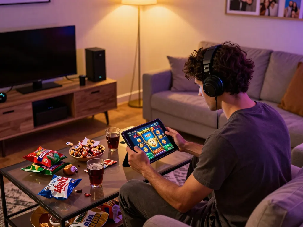 Player enjoying an exciting link slot game on a tablet in a cozy living room setting.