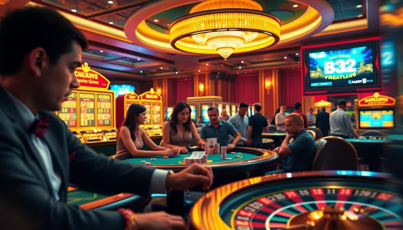 B52club gaming action with vibrant casino tables, poker chips, and thrilling online gambling atmosphere.