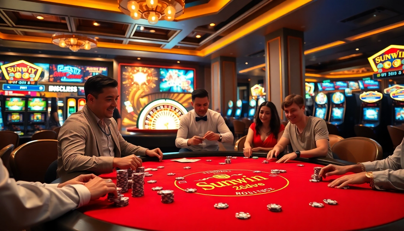 Sunwin players enjoying an exciting game on a luxurious casino table filled with chips and cards.