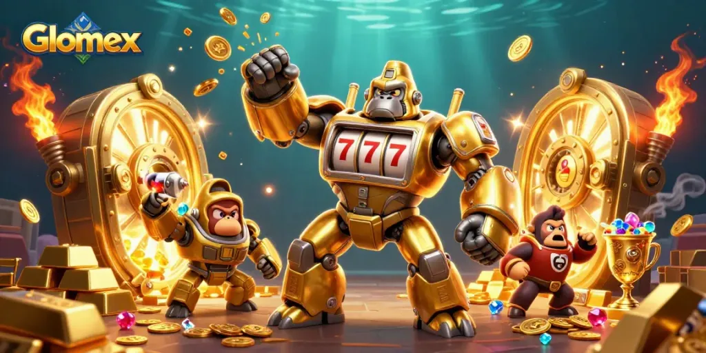 Win big with Glomex's dynamic casino scene featuring slot machines and treasures.