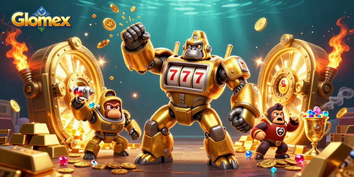 Win big with Glomex's dynamic casino scene featuring slot machines and treasures.