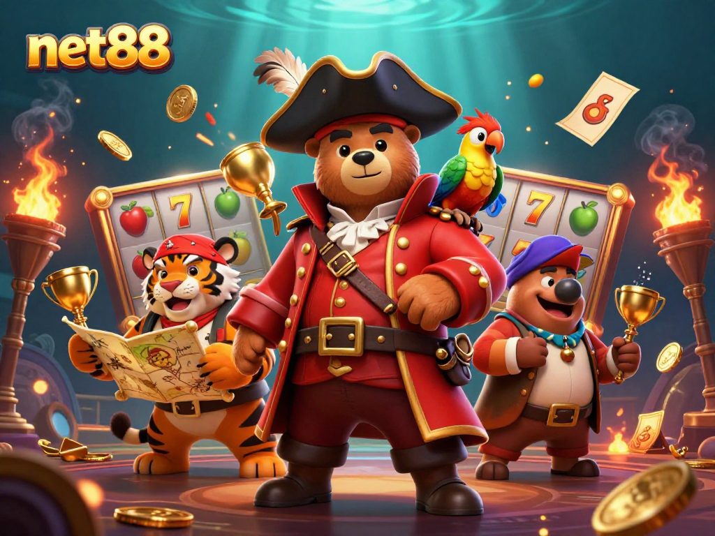 Engage in exciting slots action with net88, featuring a pirate bear and tiger amidst vibrant casino graphics.