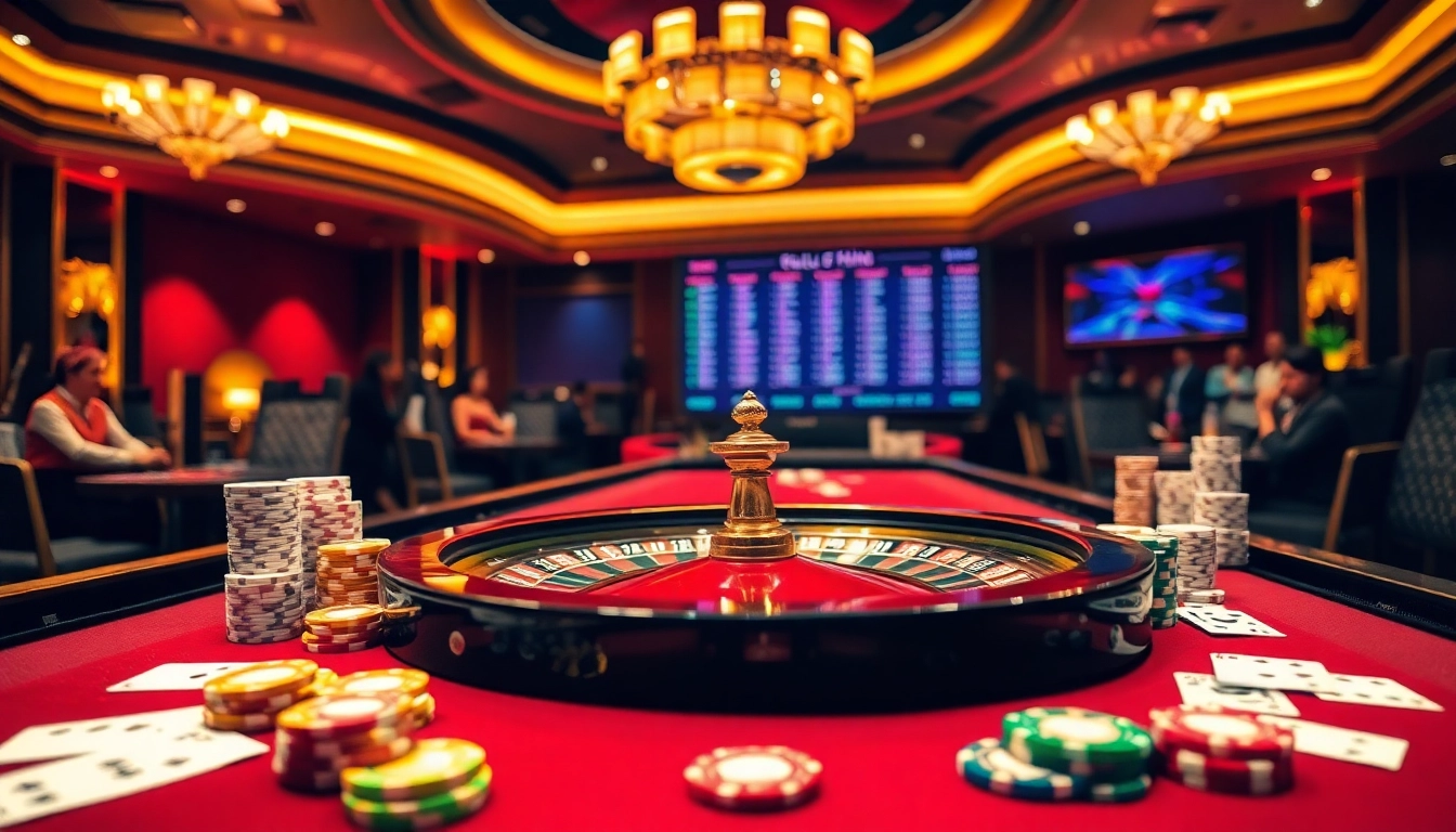 Keluaran china displayed on a digital board in an elegant casino, with roulette and poker elements.