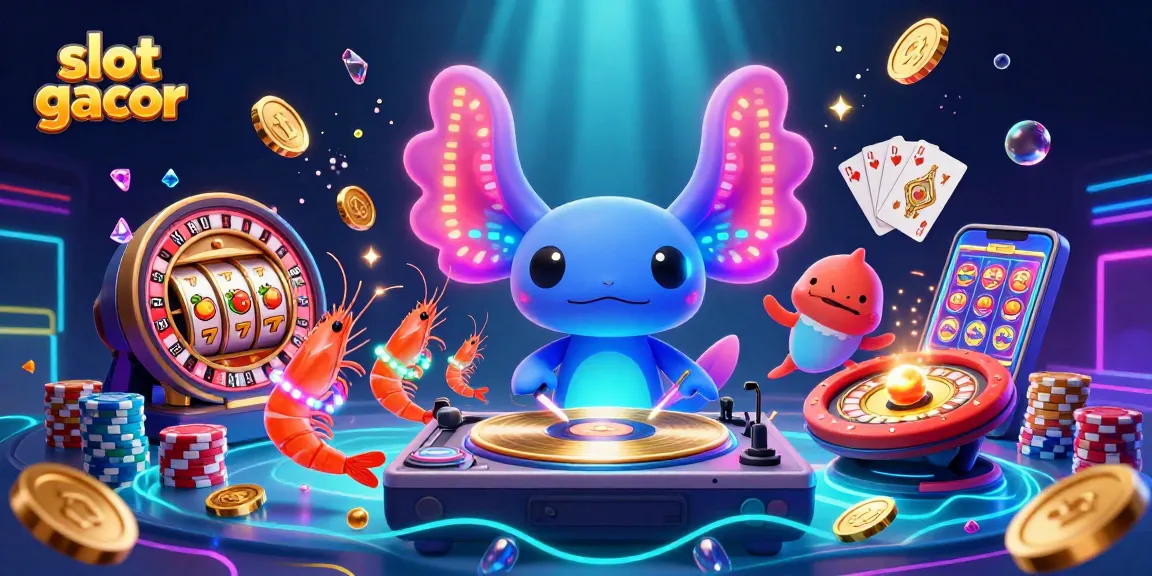 Spin the reels in a vibrant casino scene featuring slot gacor elements, bright DJ axolotl and lively shrimp dancers.