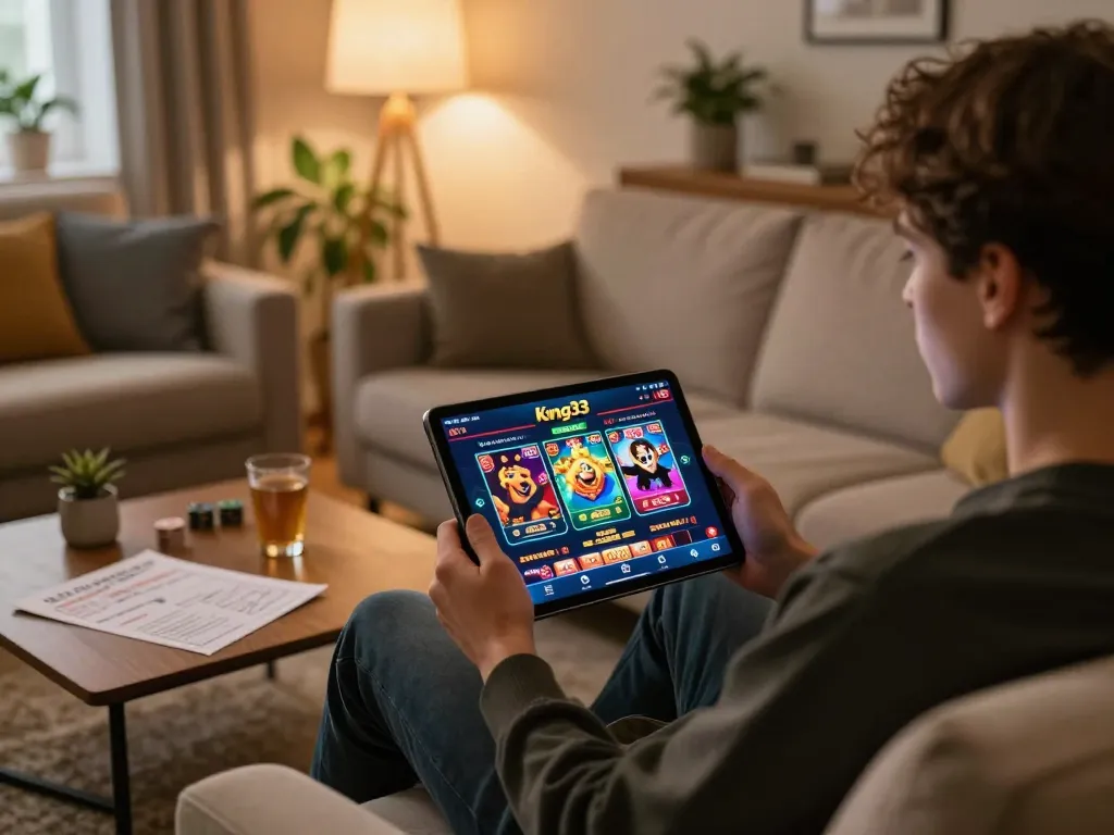 Engaging with king33 casino app on tablet in a cozy home setting, emphasizing responsible gambling.
