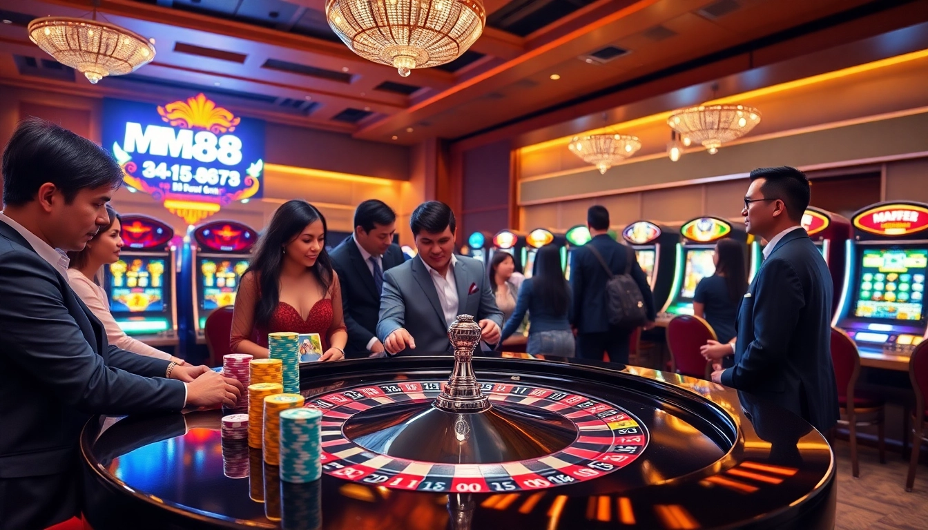Players enjoying roulette at the MM88 casino, highlighting excitement and luxury.