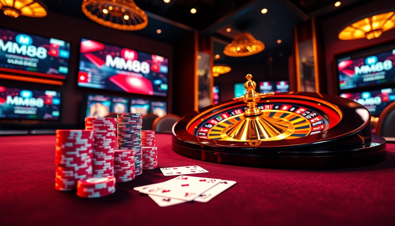 MM88 players enjoying a luxurious poker game at an online casino table with vibrant chips and cards.