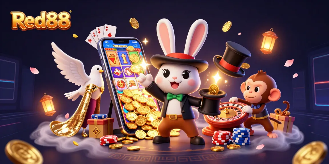 Win big at Red88 with a vibrant 3D casino scene featuring a magician rabbit, a dove, and a monkey.