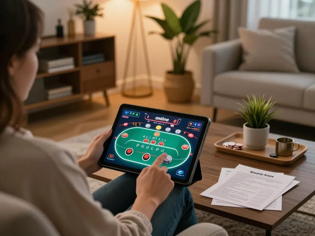 N188 đăng nhập process shown with user engaging on tablet for online poker in stylish home setting.