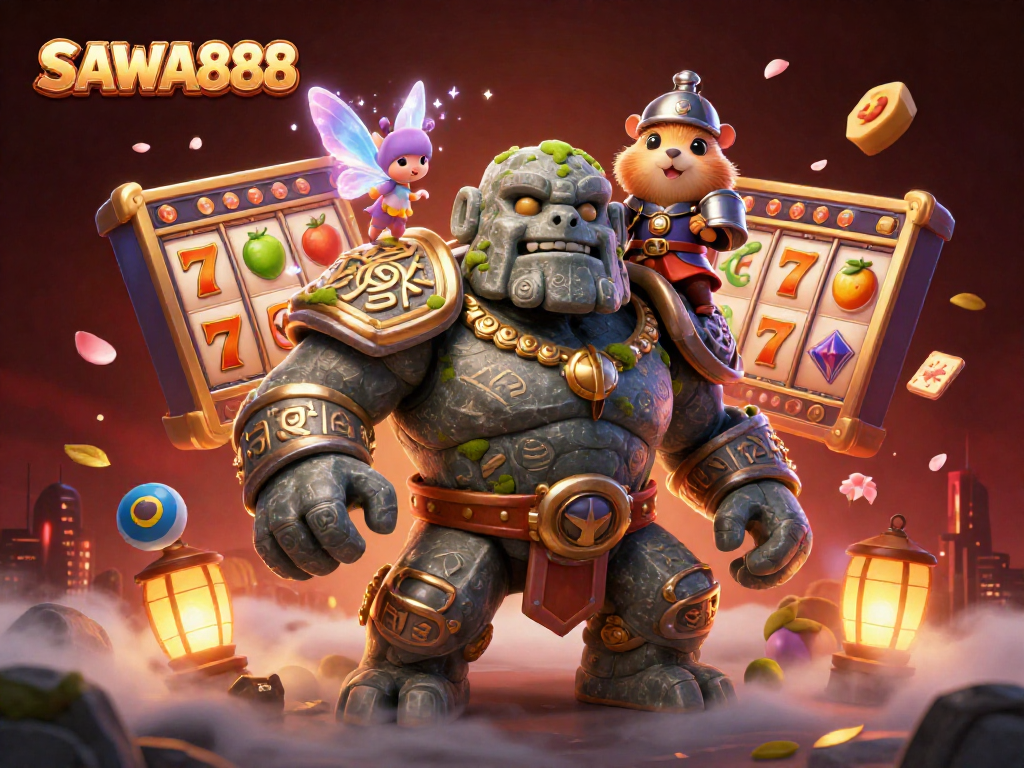 SAWA888 offers a magical experience with a golem guardian, fairy companion, and hamster knight amidst captivating casino elements.