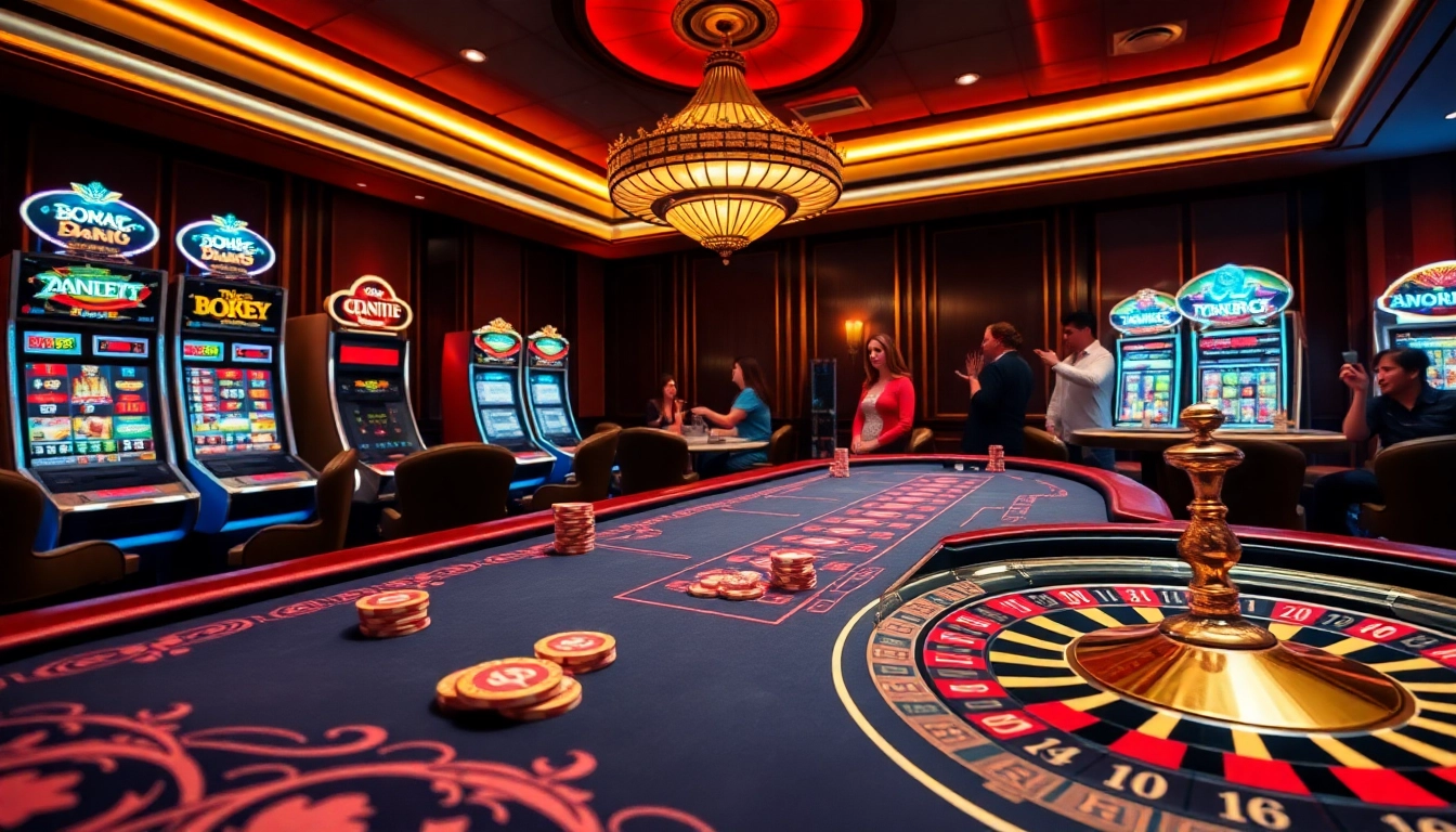 Exciting casino atmosphere showcasing S8 poker game action with professional dealer and vibrant slot machines.
