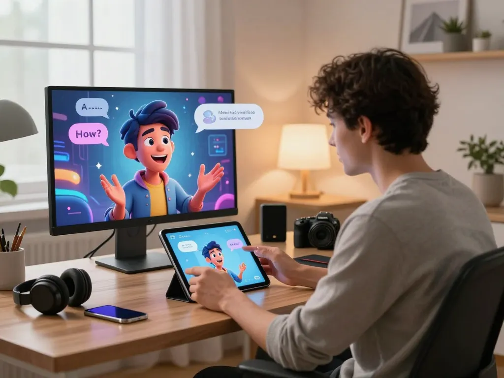 Engaging conversation with an animated 18+ AI character in a cozy home setting, showcasing modern digital interaction.