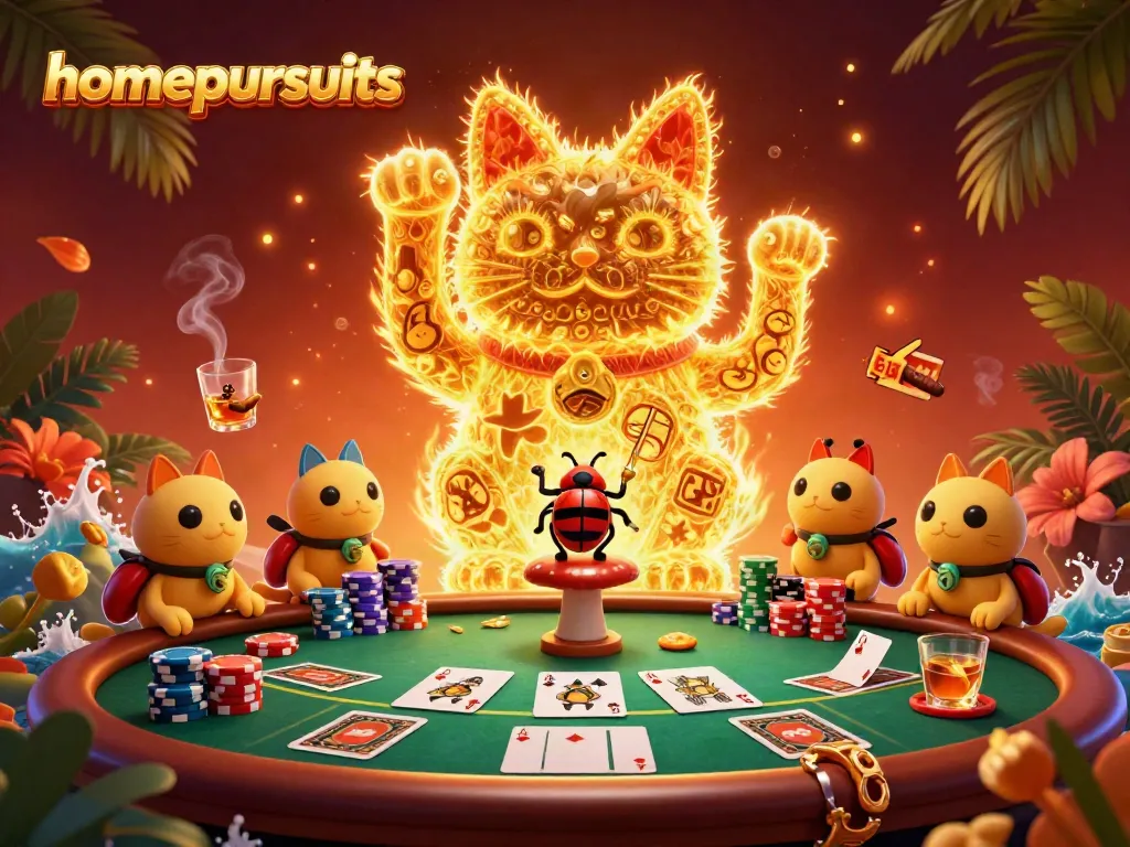 Menangkan momen seru di homepursuits dengan ilustrasi kucing keberuntungan berwarna emas di dunia kasino.