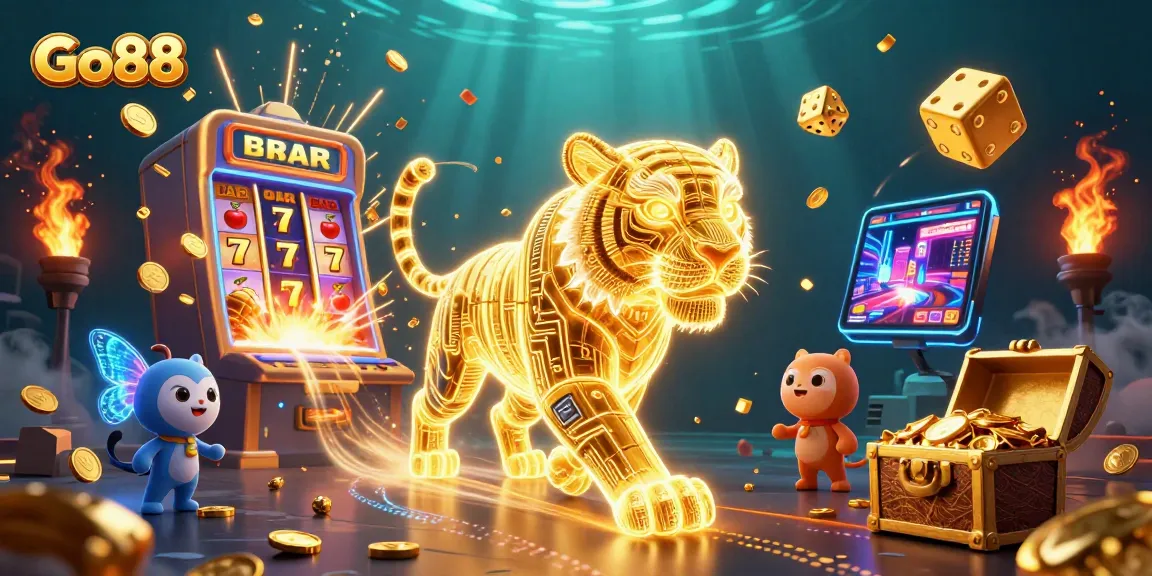 Spin and win at Go88 with a dynamic gold tiger in a vibrant casino landscape.