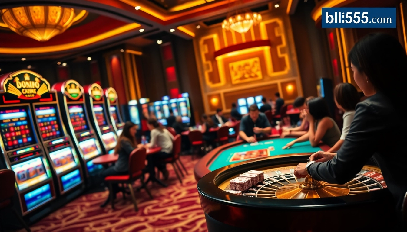 Experience the excitement of gambling at bl555.com with vibrant casino visuals of poker and slot machines.