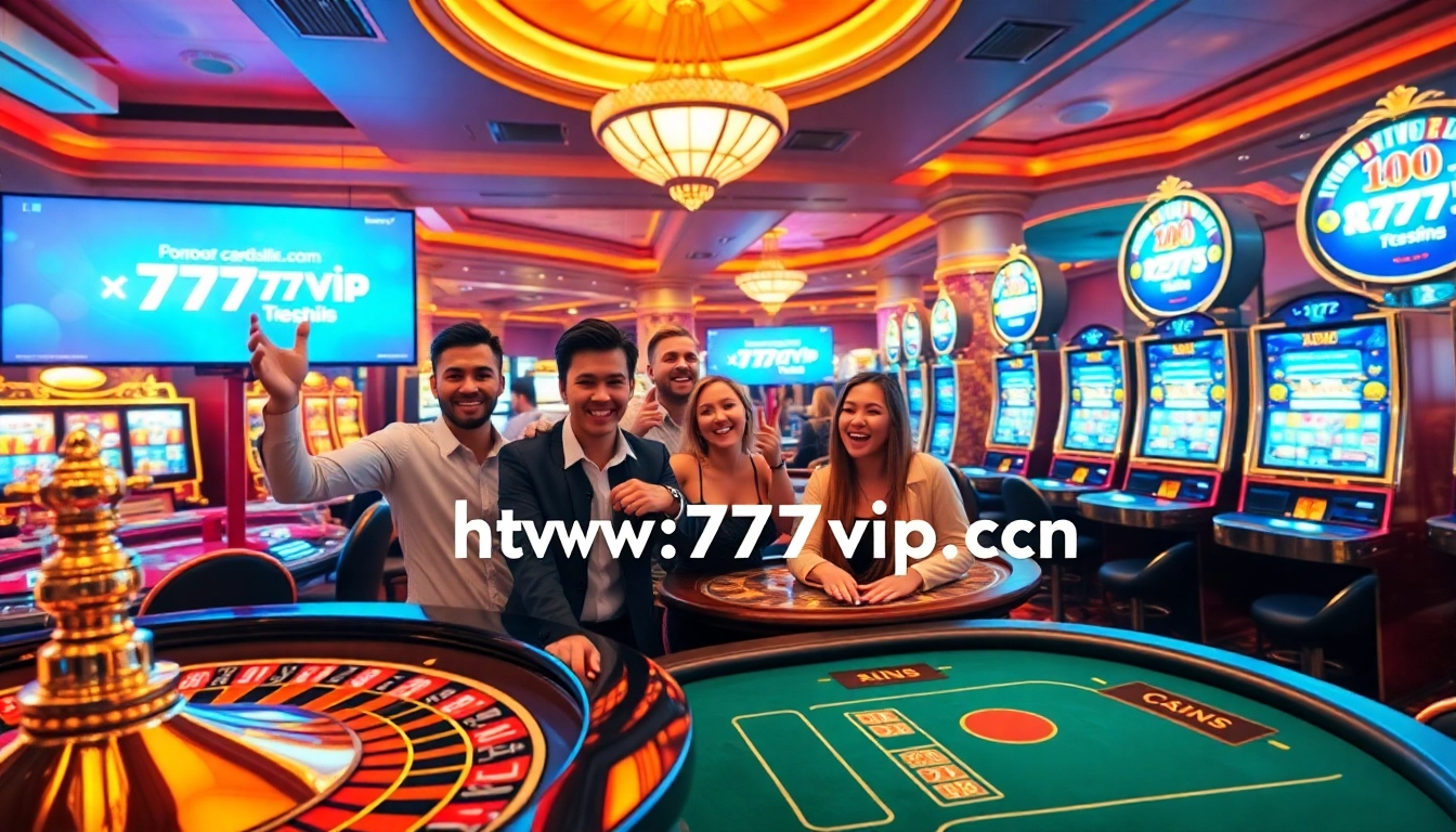 Experience the thrill of gambling at https://777vip.tech/ with vibrant casino visuals showcasing slot machines and a roulette wheel.