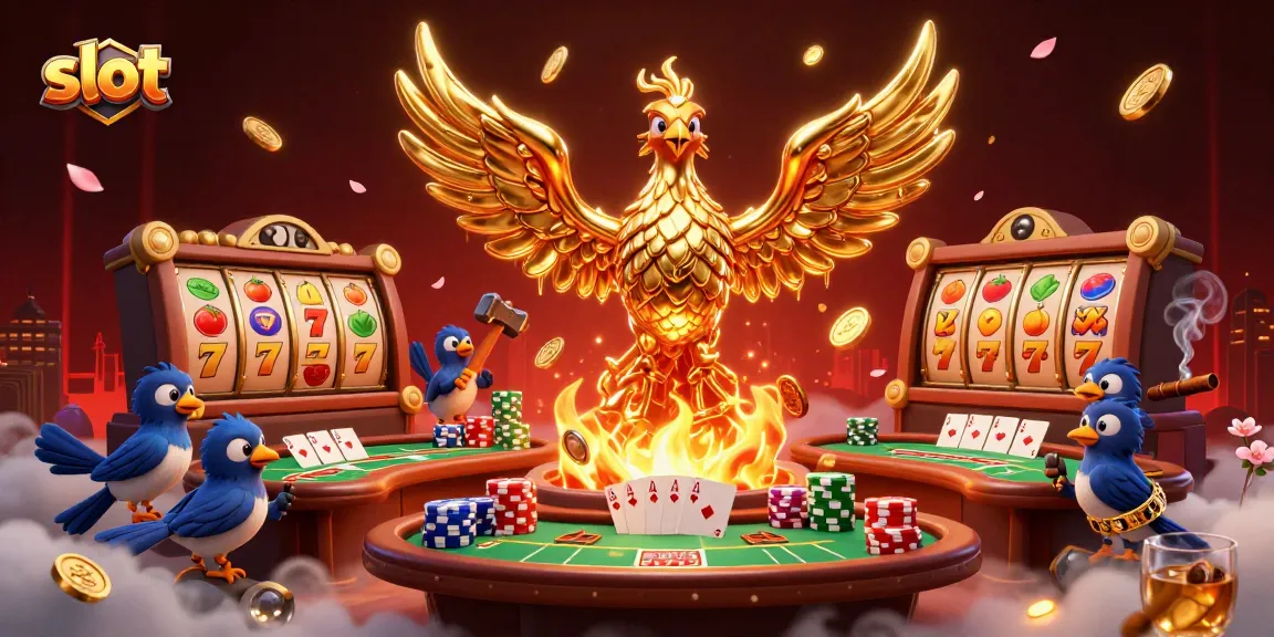 Slot menang gampang dengan simbol beruntung dan karakter emas dalam ilustrasi kasino yang menarik.