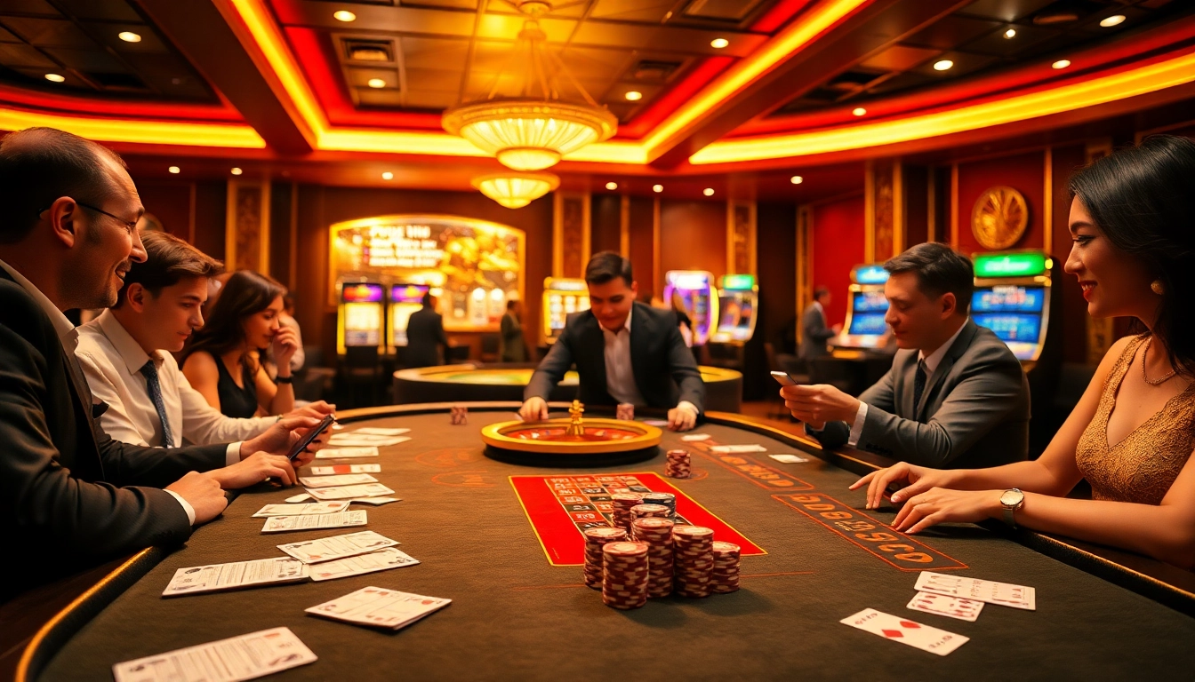 Experience the excitement of vn88 with vibrant casino games, poker chips, and engaged players.