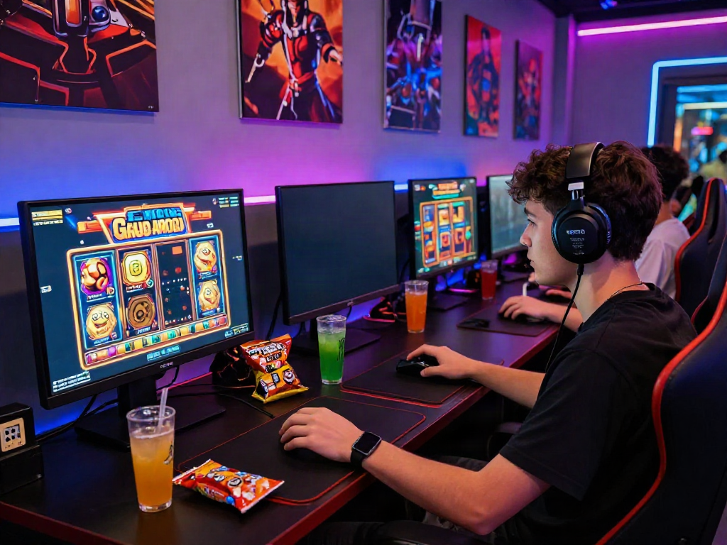 SLOT GACOR player enjoying a vibrant online gaming atmosphere with multiple screens and colorful lighting.