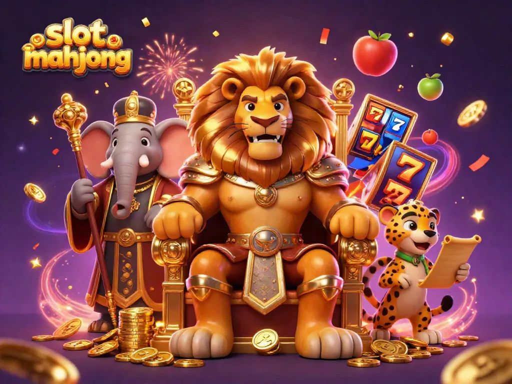 Experience thrilling gameplay with slot mahjong featuring a majestic lion, wise elephant, and swift cheetah in a vibrant casino.