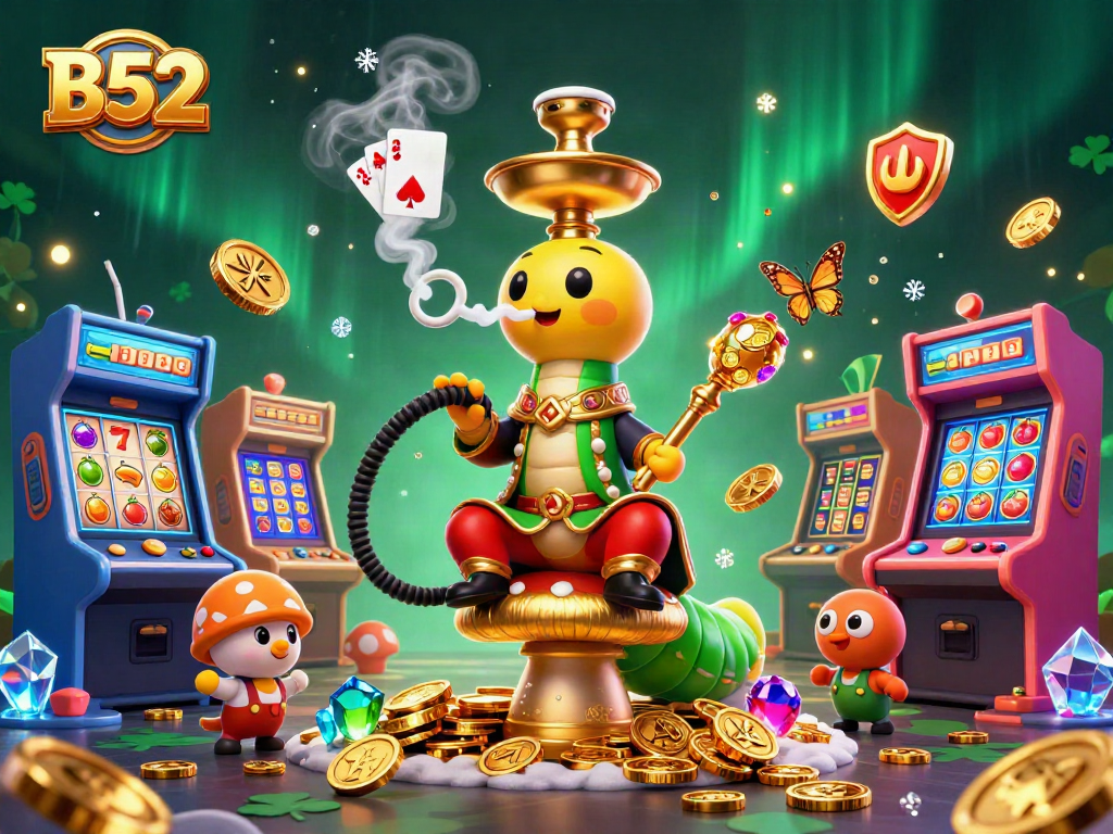 B52 casino-themed illustration with a caterpillar sultan blowing poker hand smoke rings amidst vibrant slot games.
