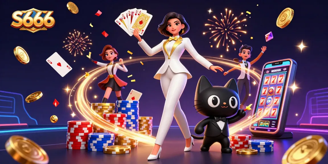 S666 offers thrilling gameplay with a glamorous atmosphere, showcasing a stylish woman shuffling cards.