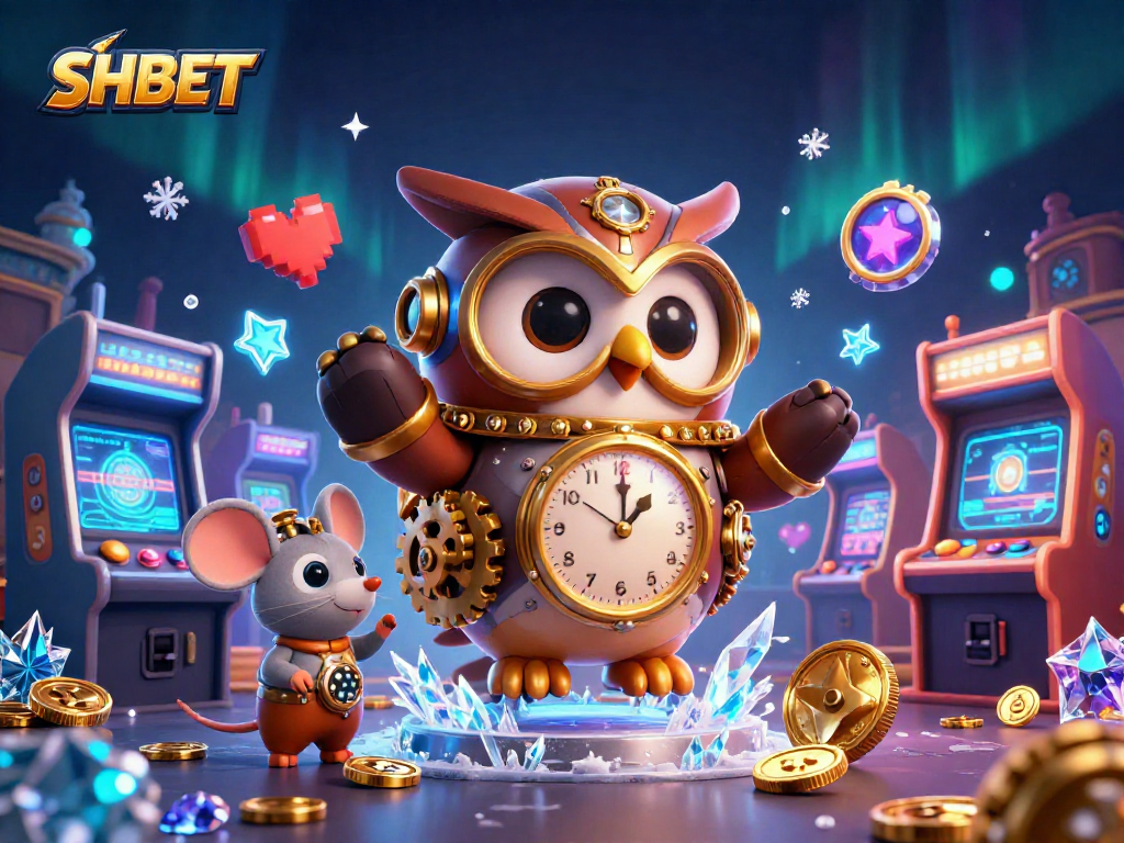 Win big with SHBET - a vibrant 3D illustration of a steampunk owl in a casino environment.