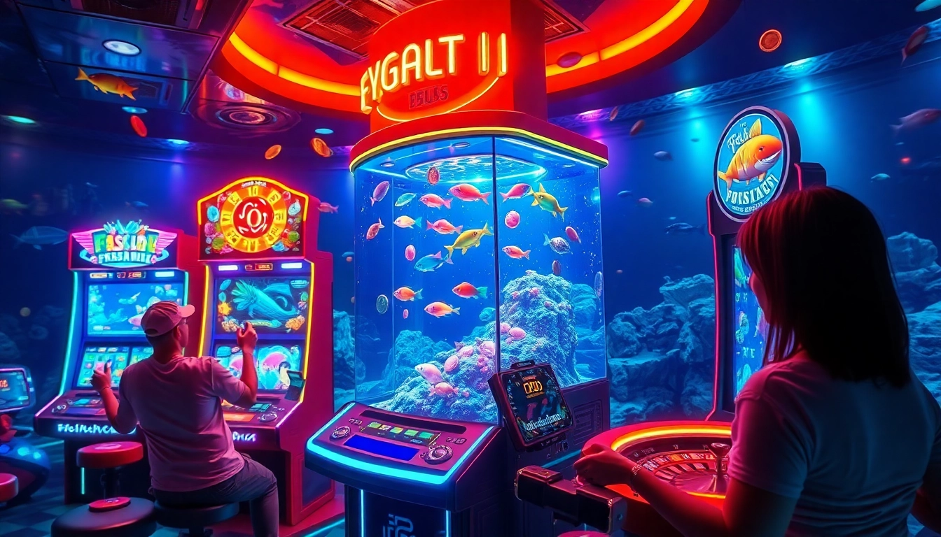 Bắn cá đổi thưởng gameplay featuring vibrant fish machines and players enjoying the excitement of this thrilling gambling experience.