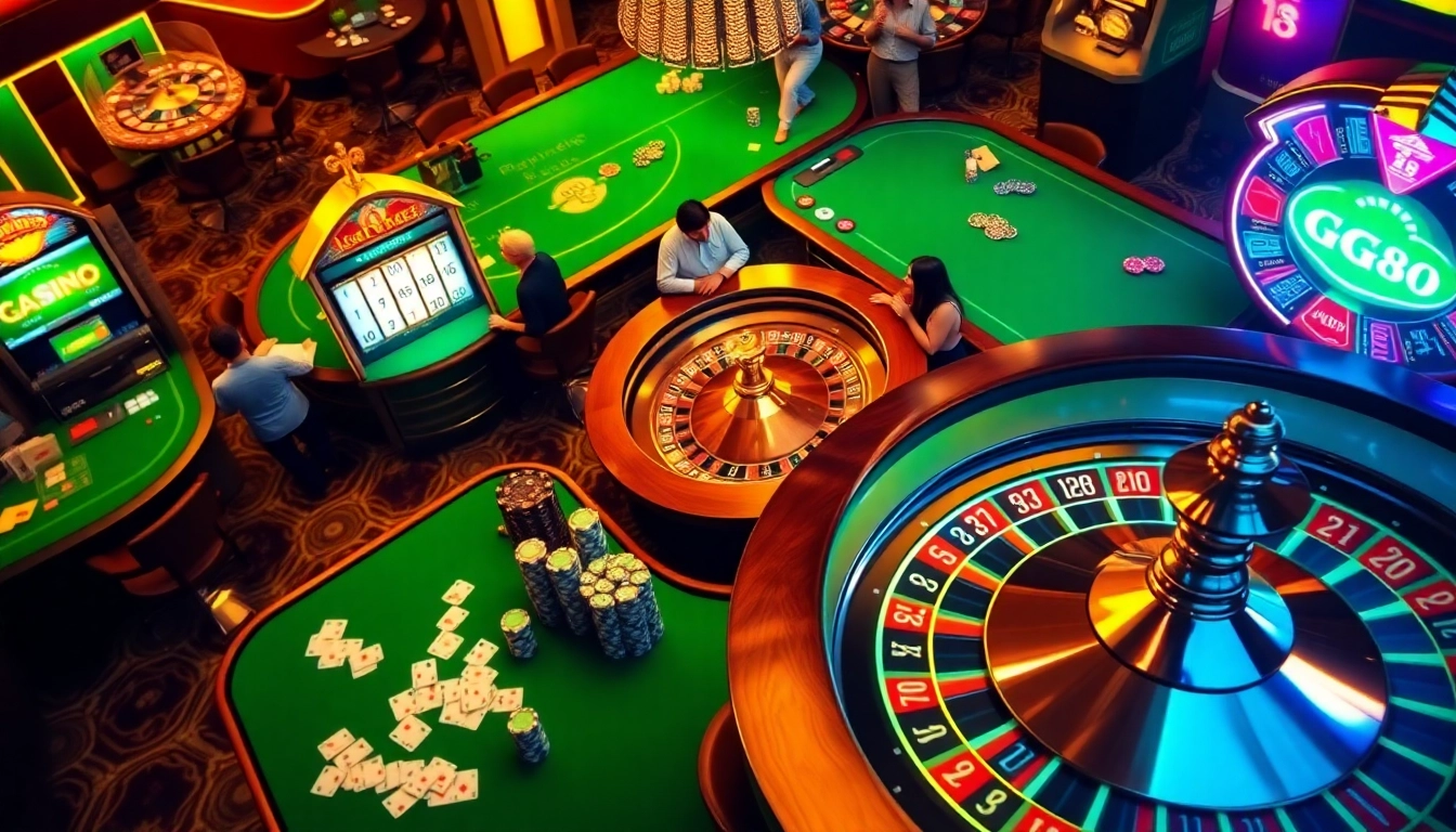 High-stakes gambling scene at GG88 casino with poker chips and slot machines.