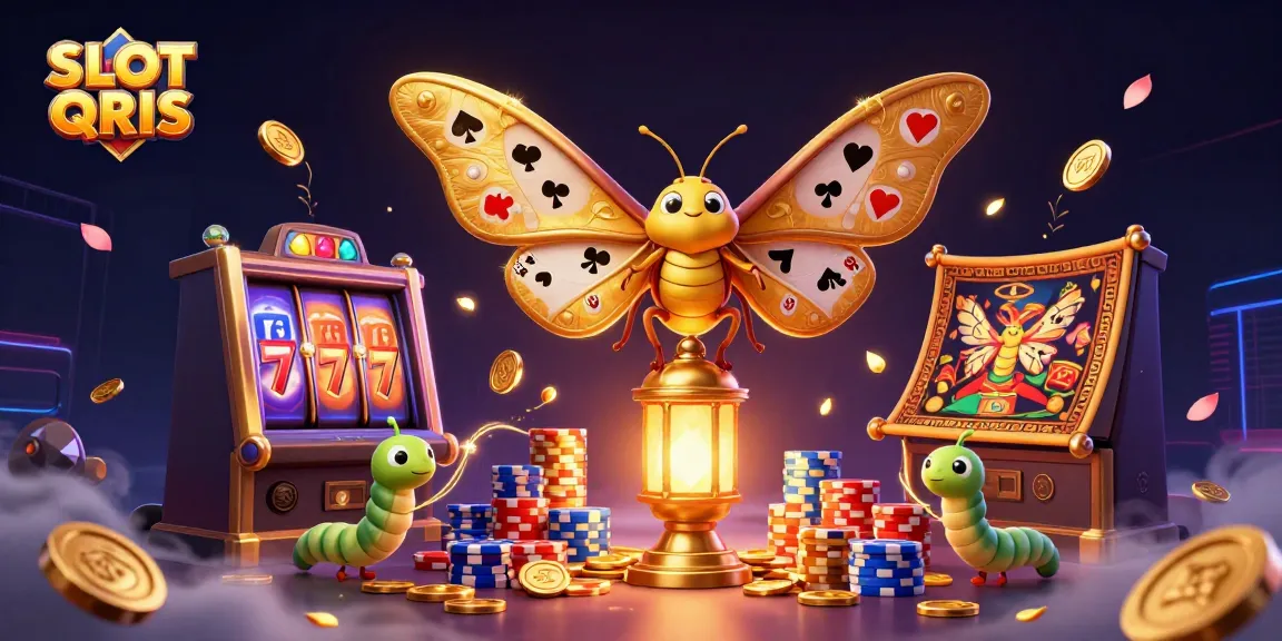 SLOT QRIS showcases vibrant slot game elements with a dazzling 3D scene featuring a golden atlas moth and dynamic casino motifs.