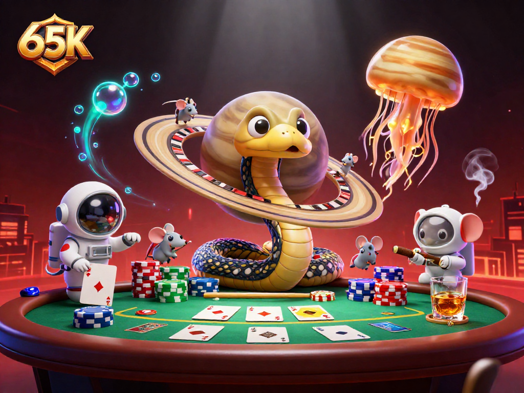 Aposte no universo do cassino com 65K, onde uma serpente de Saturno gira como uma roleta e astronautas fazem suas jogadas.