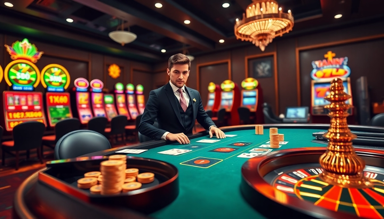 Engage in thrilling casino games like poker at NK88, showcasing an elegant dealer and vibrant slot machines.