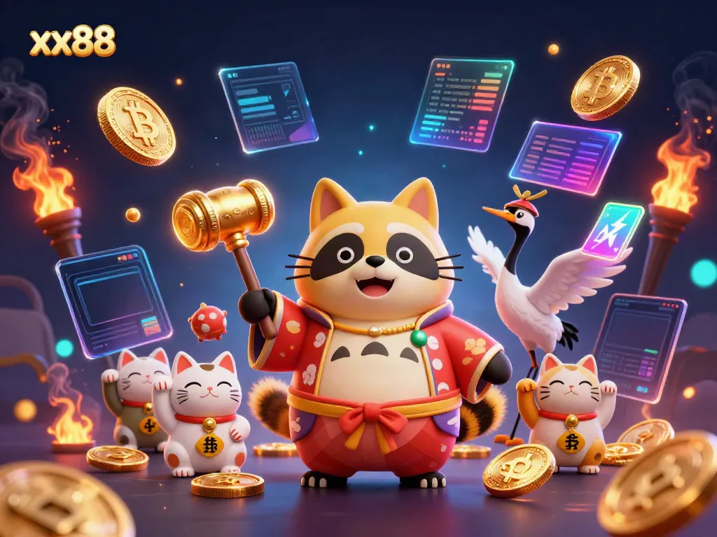 Engage with the dynamic xx88 gaming experience featuring a cheerful tanuki, manicuring its luck.
