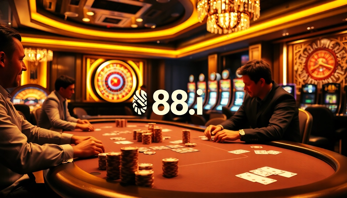 Players enjoying poker at a luxurious casino with 88i branded elements, capturing excitement and elegance.