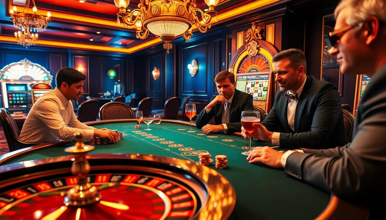 LC88 casino scene with vibrant poker game, roulette wheel, and elegant decor.