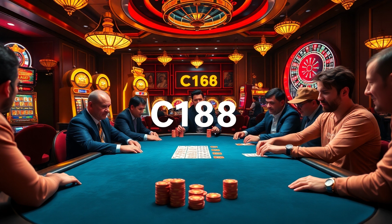 Experience C168 excitement with vibrant poker tables and slot machines in a luxurious casino setting.