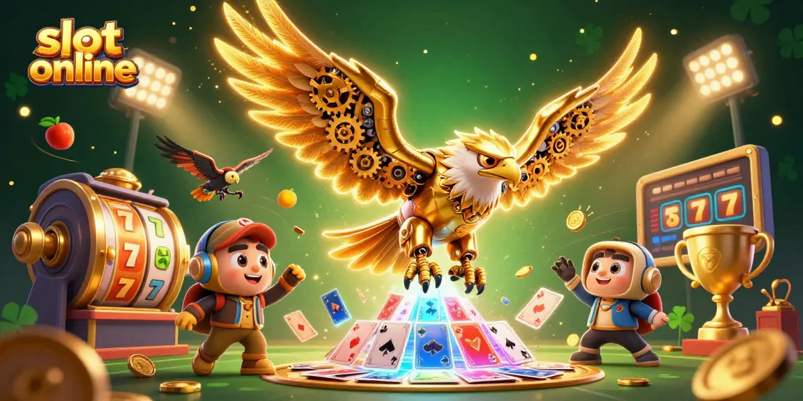 Jelajahi slot online dengan simbol keberuntungan dan jackpot dalam ilustrasi 3D yang kaya warna.