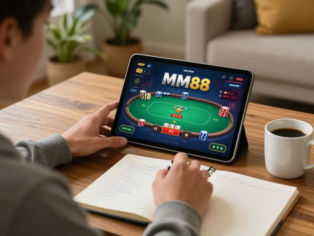 MM88 player strategizing while using a tablet for online casino gaming at home