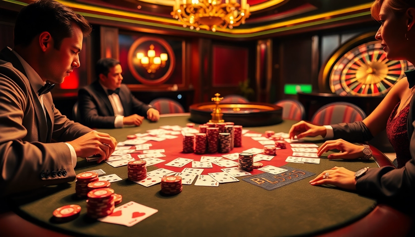 Experience the thrill of high-stakes poker at BL555’s luxurious casino table with vibrant chips and cards.